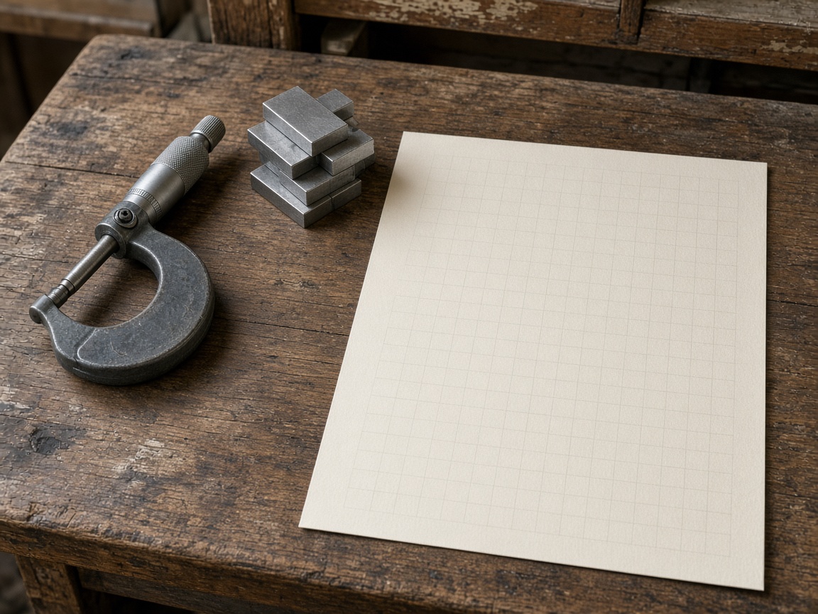Still-life of an outside micrometer, a stack of steel gauge blocks and a blank grid sheet on a wooden bench.