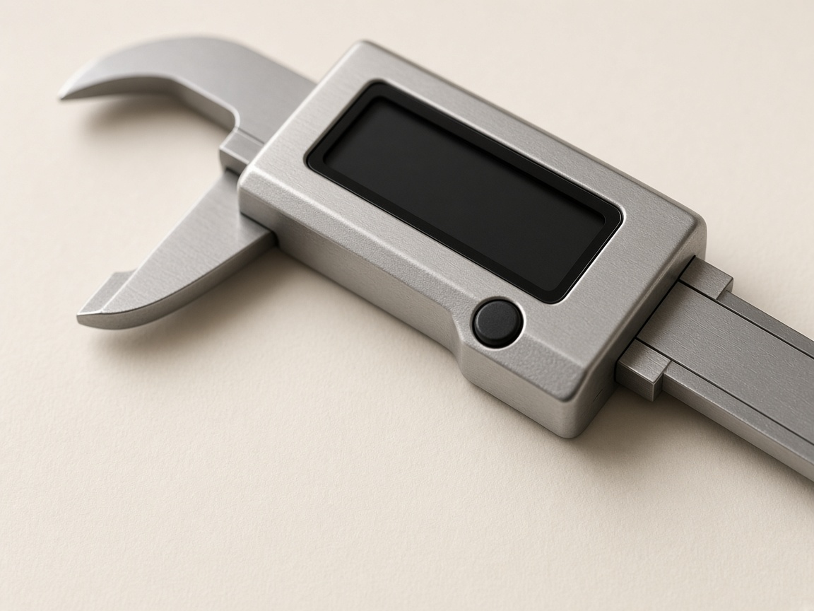 Close still-life of a digital caliper head with a dark, blank display.